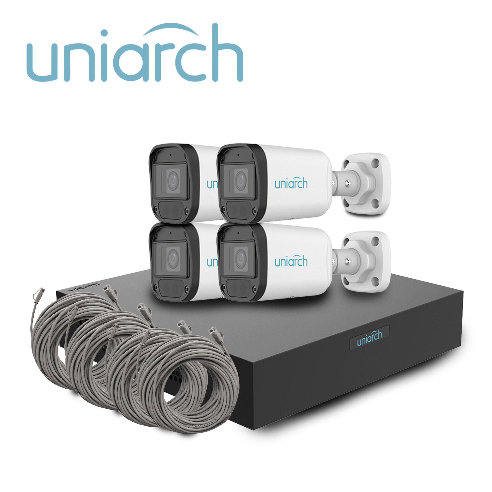 KIT UNIARCH IP BULLET 2MP / 4 CÁMARAS TIPO BULLET IPC-B122-APF28K CON LENTE FIJO 2.8 MM / MIC-INTEGRADO / MICROSD-128GB / ULTRA265 / DWDR / DIGITAL-DEFOG / MOTION-DETECTION / ONVIF / 3-AXIS / IR 30M / IP67 / POE-AF