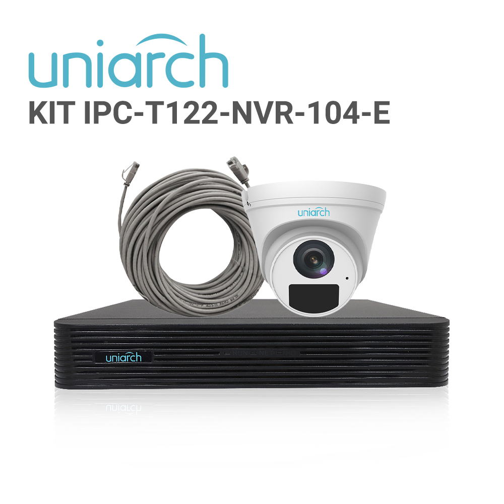 KIT UNIARCH TURRET 2MP / 4 CÁMARAS TIPO TURRET IPC-T122-APF28-E CON LENTE FIJO 2.8 MM / ULTRA 265 / 3-AXIS / DWDR / 2D/3D DNR / MICROFONO INTEGRADO/ IR 30 M / IP67 / 1 NVR-104E2-P4 Y 4 CABLES PREARMADOS