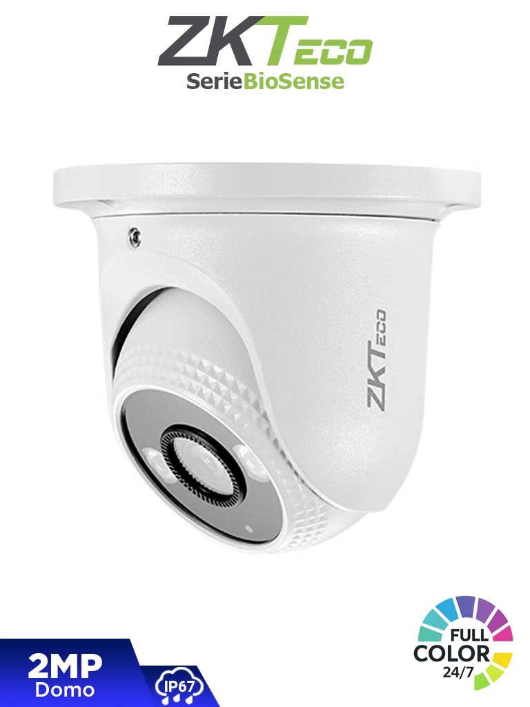 ZKTECO ES-852B31C-S2-C-MI-S – Cámara IP Domo Full Color de 2 MP, Serie BioSense, Lente 2.8 mm, Micrófono Integrado, Video Analítico IVA, Visión nocturna a color hasta 30 m, PoE, IP67, Onvif y Carcasa Metálica