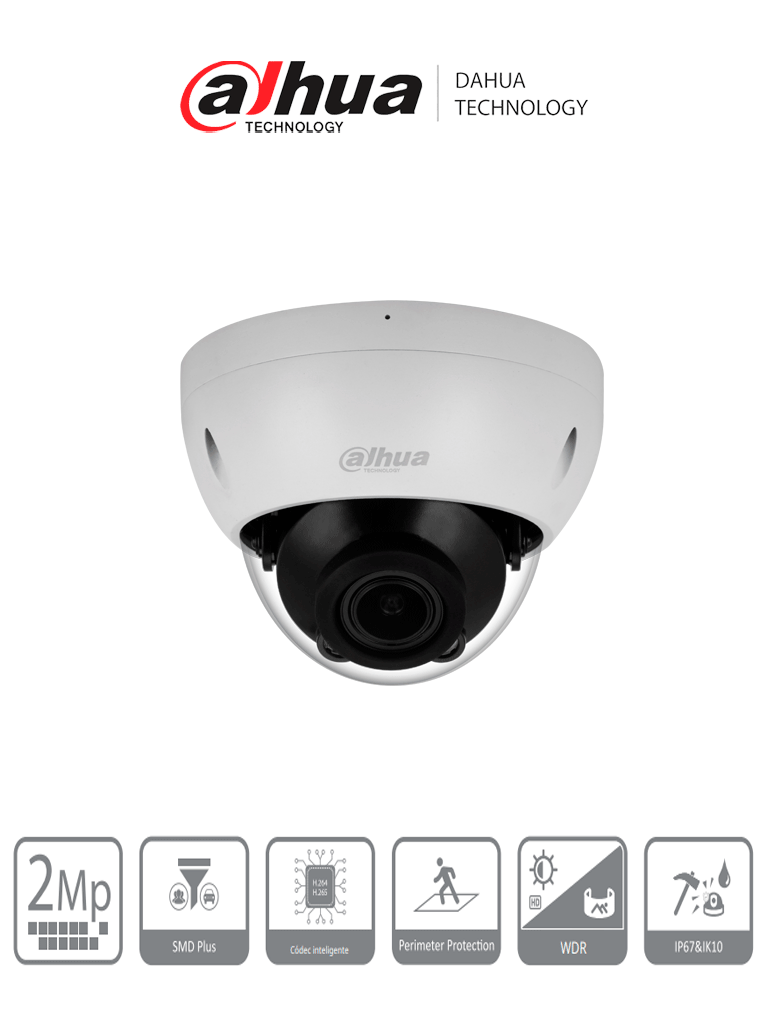 DAHUA DH-IPC-HDBW2241R-ZS Cámara Domo IP de 2 MP/ Lente Mot 2.7 mm–13.5 mm/ H.265+/ IR de 40 Mts/ WDR Real/ Prtección Perimetral/ Videoanaliticos/ SMD Plus/ Ranura para MicroSD/ IP67/ IK10/ PoE