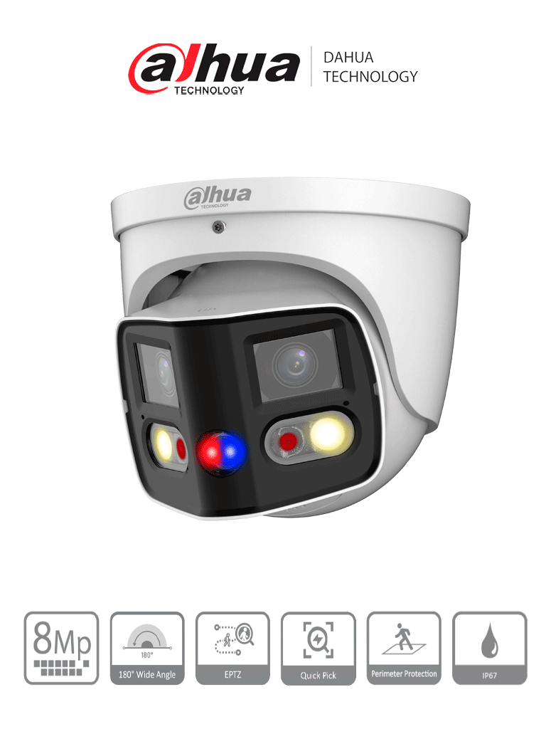 DAHUA IPC-PDW3849-A180-AS-PV Cámara IP WizSense Eyeball con multivisión en dos sensores de 4MP, ofreciendo un ángulo de 180°. Con IR de 25 m, LED de 20 m, disuasión activa, ePTZ, micrófono, altavoz, y protección IP67.