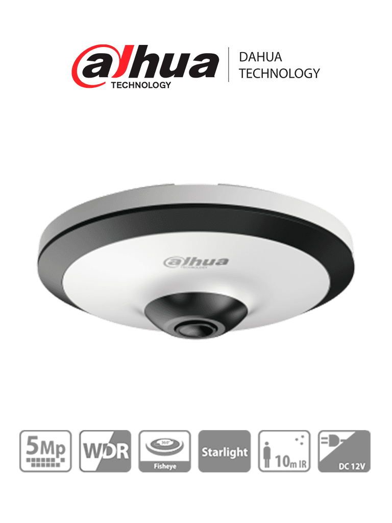 DH-HAC-EW2501N - Cámara Fisheye HDCVI 5 MP, visión 360°, IR 10 m, WDR real 120dB, micrófono integrado. Ideal para uso interior con tecnología Starlight para baja luz y reducción de ruido 2D/3D. Ofrece vigilancia detallada y nítida en todas condiciones.