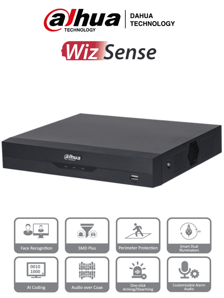 DAHUA XVR5104HS-I3 - DVR de 5MP Lite con WizSense. Soporta 4 canales + 2 IP o hasta 6 canales IP. Reconocimiento facial y protección perimetral en 1 canal, incluye SDM Plus, codificación H.265+, y funciones para IoT & POS/ 1 puerto SATA/