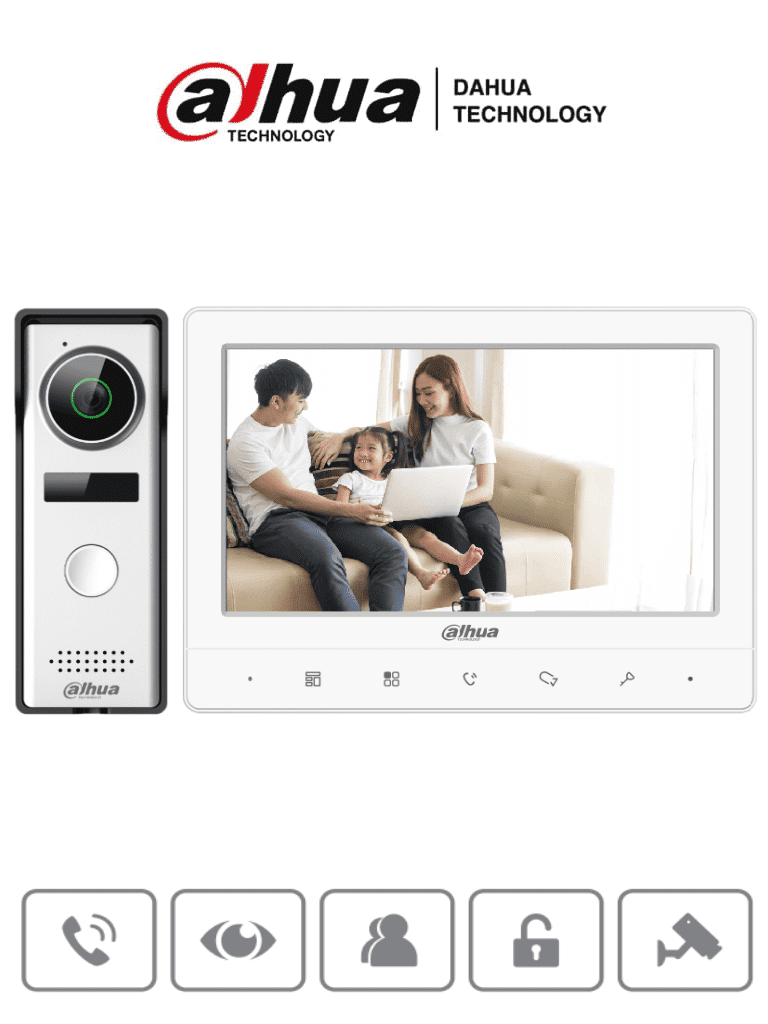 DAHUA KTA02 - Kit de Videoportero analógico con monitor táctil de 7" y frente de calle con cámara de 1.3MP con DWDR y protección IP66. Controla hasta 2 frentes de calle y 3 monitores, con apertura de puerta