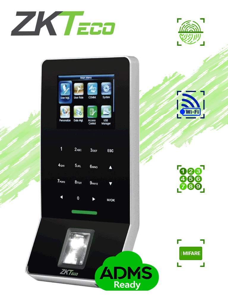 ZKTECO F22Mifare - Control de Acceso y Asistencia / 3000 Huellas / 5000 Tarjetas Mifare / Teclado Táctil / Sensor de Huella BIO ID / Conexión TCPIP / WiFi / ADMS Gratis