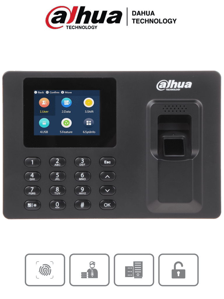 DAHUA DHIASA1222E - Control de Asistencia con Huella Digital, Contraseña y Gestión de Turnos, Capacidad 1000 Usuarios, 100,000 Eventos, Exportación USB