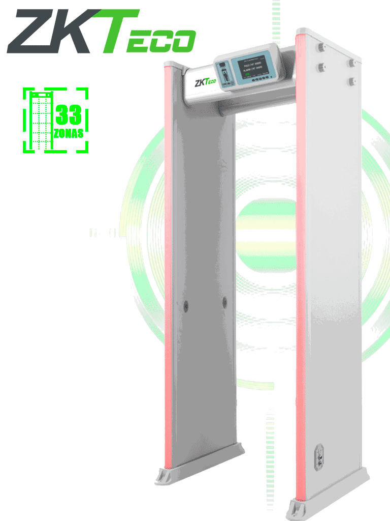 ZKTECO D4330 - Arco Detector de Metales con 33 zonas de detección, 300 niveles de sensibilidad, pantalla HD 7", indicadores LED en ambas vistas, control remoto y batería de respaldo incluida.