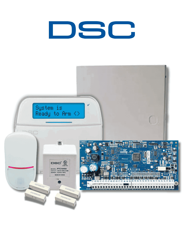 DSC NEO-LCD-SB -Paquete SERIE NEO con panel HS2032 de 8 zonas cableadas expandible a 32 / Teclado Alfanumérico HS2LCDN / Sensor PIR LC-200 Cableado / 2 contactos cableados / Transformador / Gabinete GTVCMX003 / Sin Batería