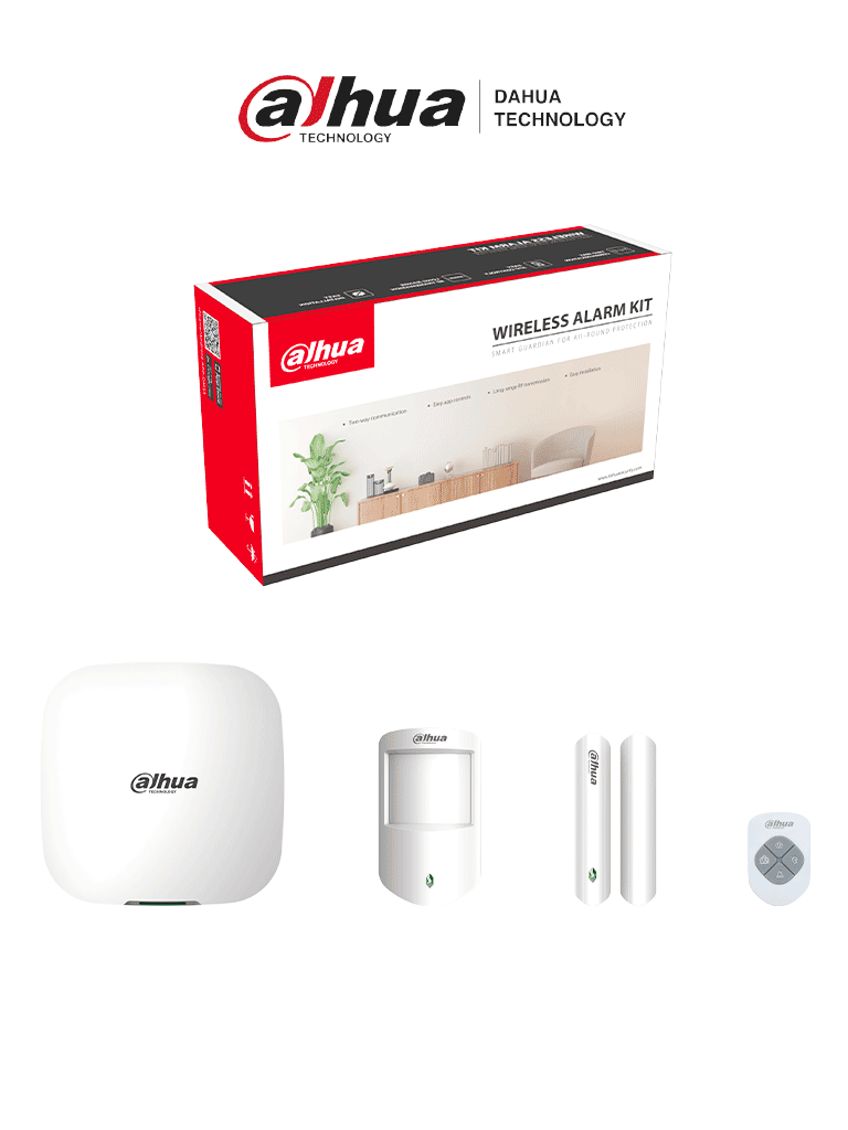 DAHUA DHI-ART-ARC3000H-03-W2 - Kit de alarma inalámbrico, Conexión: Wifi y ethernet, Incluye: HUB 1.0, sensor de movimiento PIR, contacto magnético y control remoto, App DMSS, Frecuencia 433 MHz, Tecnología: AirShield