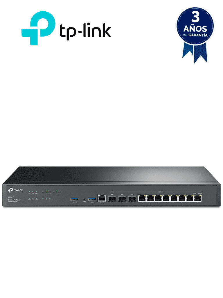 TP-LINK  ER8411 - Router VPN Omada, 1 puerto WAN 10G SFP+, 1 puerto WAN/LAN 10G SFP+, 1 puerto WAN/LAN 1G SFP+, 8 puertos WAN/LAN GE, ZTP, Administracion Centralizada, Secure VPN, Firewall potente, Filtrado de IP/MAC/URL, enlace IP-MAC