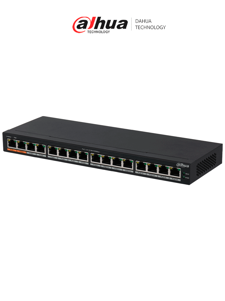 DAHUA DH-PFS3016-16GT-190 - Switch Gigabit PoE de 16 Puertos/ 190 Watts Totales/ Los 2 Puertos Naranjas Soportan Hi-PoE Estandar/ Switching 32 Gbps/ Tasa de Reenvio de paquetes 23.808 Mbps/ Protección Contra Descargas/