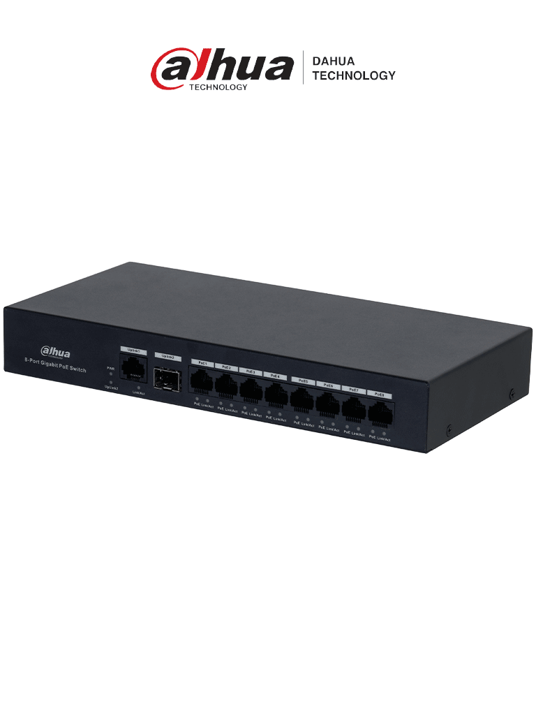 DAHUA DH-PFS3110-8GT-65 - Switch PoE inteligente con 8 puertos Gigabit, 60W de potencia total y switching de 20 Gbps. Ideal para alimentar y conectar dispositivos IP con protección contra descargas eléctricas.