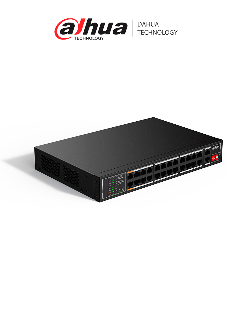 DAHUA DH-SF1026LP - Switch PoE Fast Ethernet de 26 Puertos/ Hasta 190 Watts Totales/ 24 Puertos PoE 10/100/ 2 Puertos Uplink 10/100/1000/ Switching 8.8 Gbps/ Standares: IEEE802.3af; IEEE802.3at; Hi-PoE/ PoE Hasta 250 Metros/