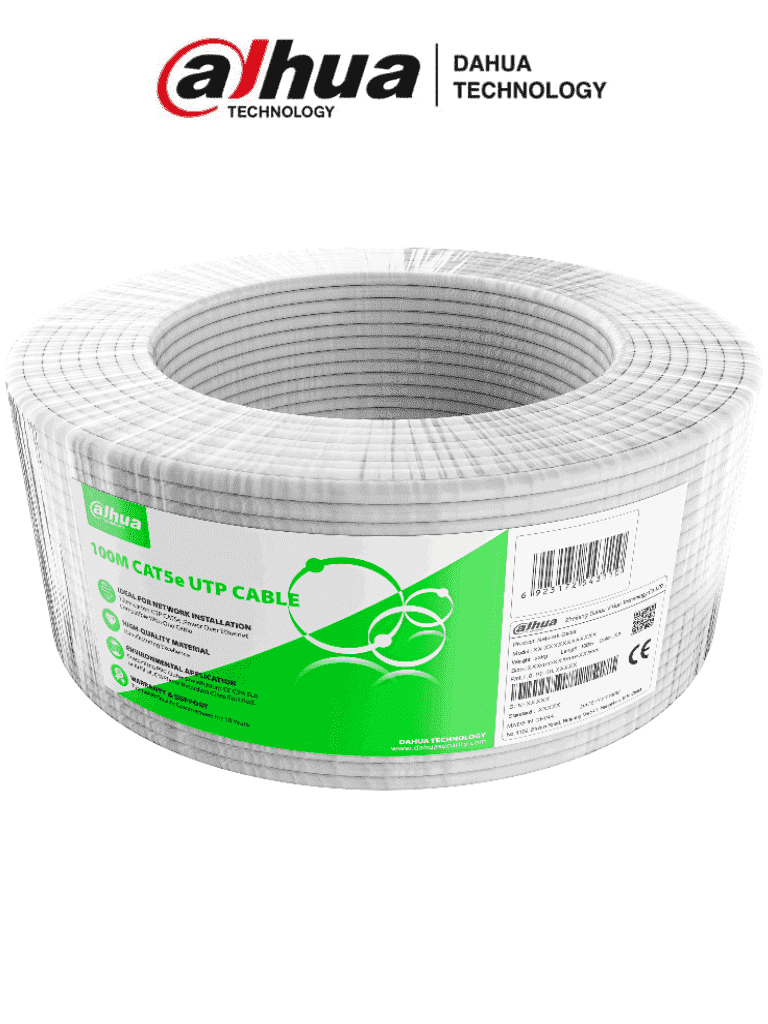 DAHUA PFM922I-5EUN-C-100 - Bobina de 100 metros de cable UTP Cat 5e, fabricado con conductores de aluminio revestidos de cobre (CCA), en color blanco. Ideal para uso en interiores, con cubierta FR-PVC retardante de flama