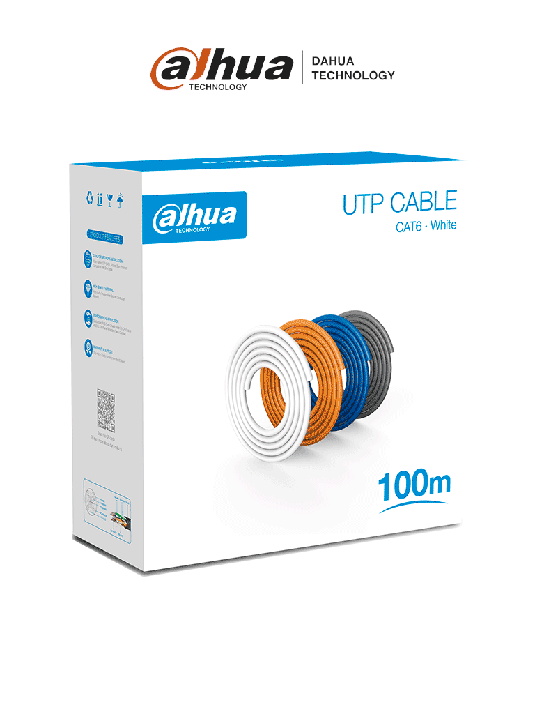 DAHUA PFM920I-6UN-C-100 - Bobina de 100 Mts de Cable UTP Cat6/ 100% Cobre/ Color Blanco/ Cubierta Retardante de Flama con Certificación CE CPR Eca/ Ideal para Video y Redes/