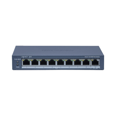 Switch PoE+ / Monitoreable / 8 Puertos 10/100 Mbps PoE+ / 1 Puerto 1000 Mbps Uplink /  Configuración Nube Hik-Partner Pro / Modo Extendido hasta 300 metros / 60 W