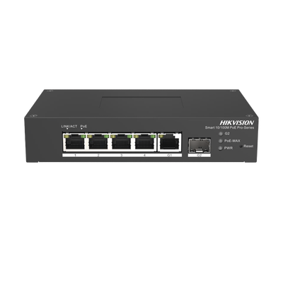 Switch PoE+ / Administrable / 4 Puertos 10/100 Mbps PoE+ / 1 Puerto 1000 Mbps Uplink / 1 Puertos SFP  /  Configuración Nube Hik-PartnerPro / Modo Extendido hasta 300 Metros / 60 Watts