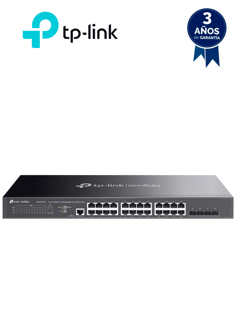 TP-LINK TL-SG3428X-M2 - Switch administable con funciones L2+ OMADA, con 24 puertos RJ45 de 2.5GbE , 4 puertos SFP+ 10G , Gestión en la nube con OMADA , DHCP Snooping, 802.1X, Autenticación Radius , ACL , QoS L2/L3/L4 y IGMP Snooping.