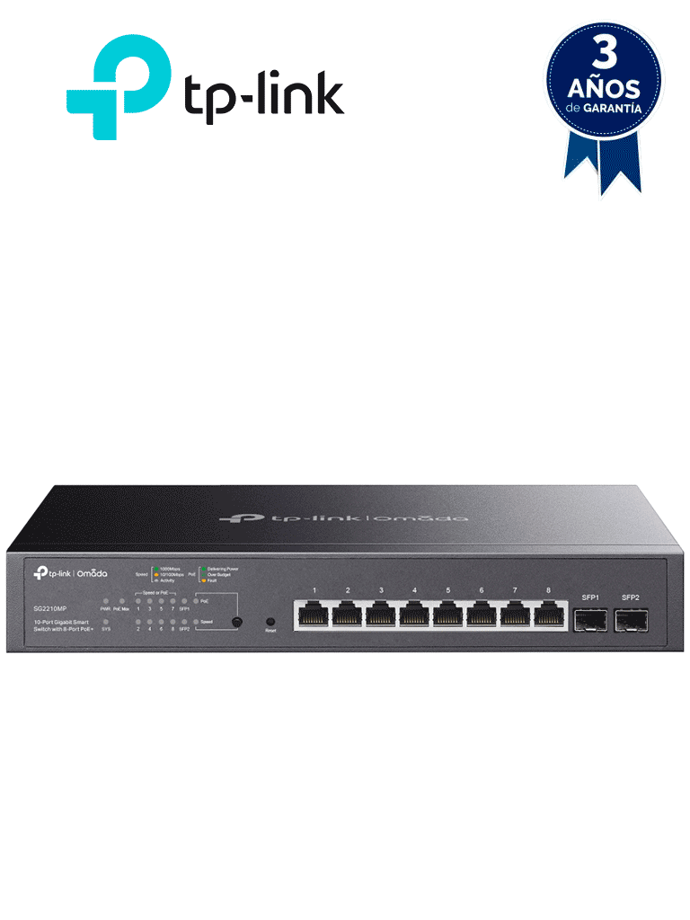 TP-LINK SG2210MP - Switch JetStream SDN administrable con 8 puertos 10/100/1000 Mbps y 2 puertos SFP, equipado con 8 puertos PoE y un presupuesto total de 150W. Permite administración centralizada a través de OMADA SDN."