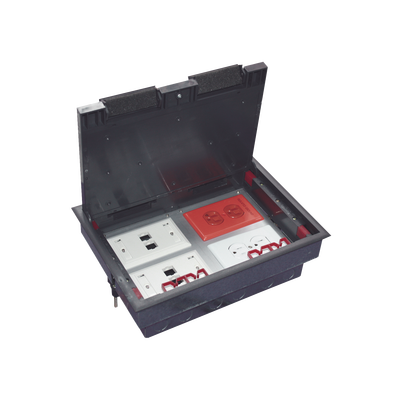 Caja de piso para cuatro módulos universales (Socket M4), para alimentación eléctrica y redes de datos (11000-43401) No incluye faceplates