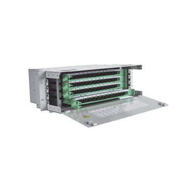 Distribuidor de Fibra Óptica para 144 empalmes, con 144 acopladores SC/APC y 144 pigtails, 19", 5 UR