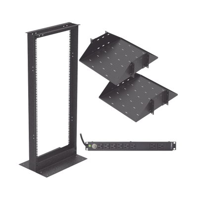Kit de Rack Estándar 19", 24 UR con 2 Charolas  y PDU (8 tomas). Ideal para UPS y Servidores tipo Torre.