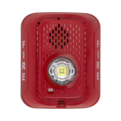 Sirena con Lámpara LED Estroboscópica / a 2 Hilos / Montaje en Pared / 12 o 24 Vcd / Configuración Estroboscópica Seleccionable / Texto en Inglés / Color Rojo