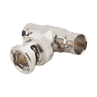 Adaptador en T para 50 Ohm de BNC Macho a Doble BNC Hembra, Maquinado, Níquel/ Oro/ Teflón.