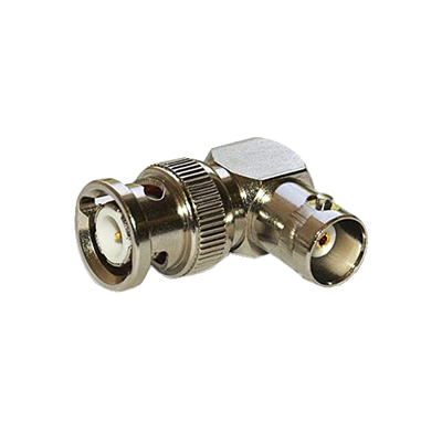 Adaptador en Ángulo Recto, de Conector BNC Macho a BNC Hembra, 50 Ohm (Monitor), Níquel/ Plata/ Teflón.