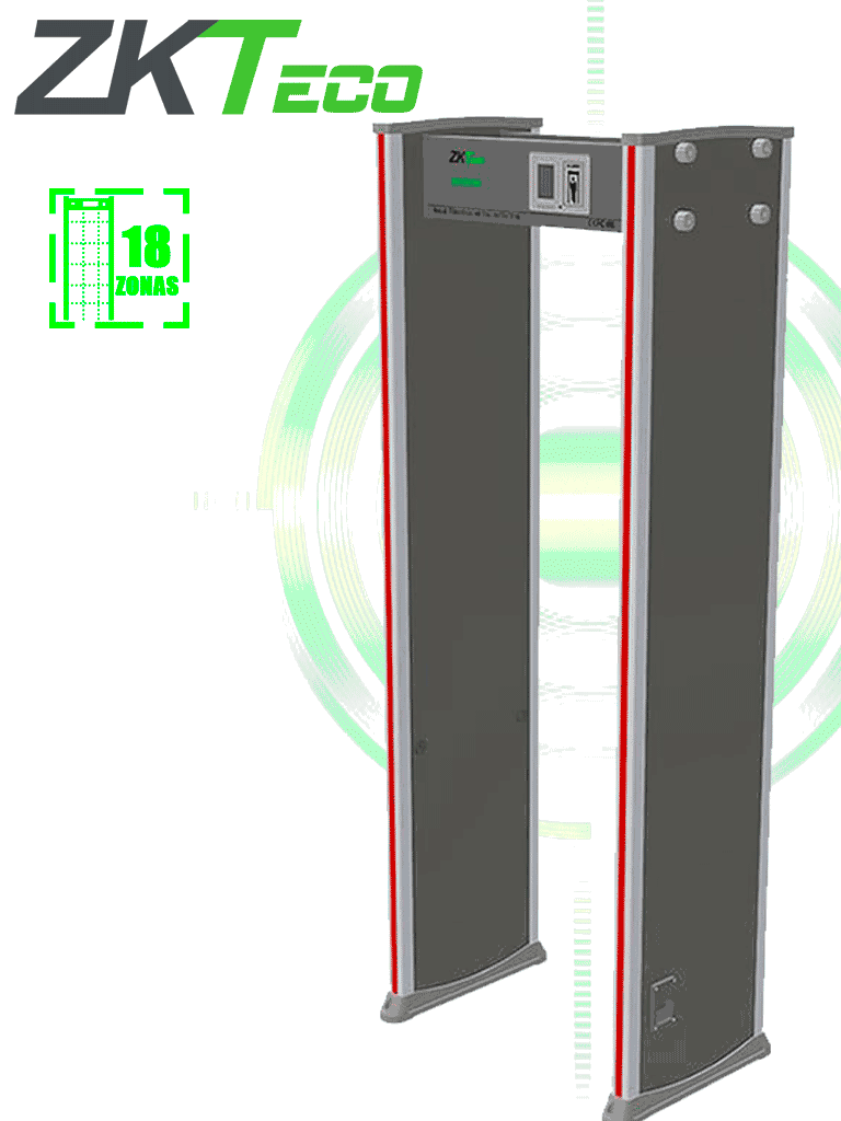 ZKTECO ZKD2180 - Arco detector de metales con 18 zonas de detección, pantalla LCD de 3.5", 256 niveles de sensibilidad, y funciones de contador para alarmas y personas