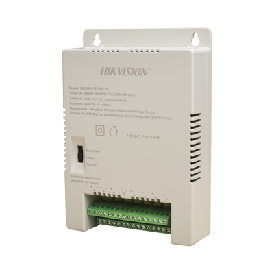 Fuente de Poder Regulada 12 Vcc / 13.5 Vcc / 15 Vcc para 16 Cámaras / 1 Amp por Salida / Voltaje de Entrada 185 - 240 VCA / Soporta 4K / Modo para Largas Distancias