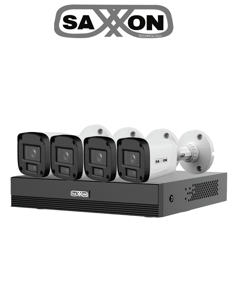 SAXXON SUA-KIT/XVR1E04-I/4-B10P-0280B - Kit de 4 Canales HDCVI/ Cámaras B10P de 1MP 720P/ Lente de 2.8mm Con Apertura de Hasta 100°/ Grabador de 4 Canales con Detección de Movimiento Inteligente/ Entradas y Salidas de Audio/