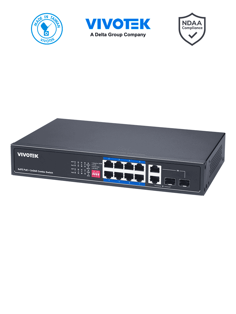 VIVOTEK AW-FGT-100P-110 - Switch PoE no administrable, 8 puertos PoE FE, 2 puertos GbE/SFP Combo, 110W Totales, 30W por puerto, Modo Extendido hasta 250m, Proteccion 6KV