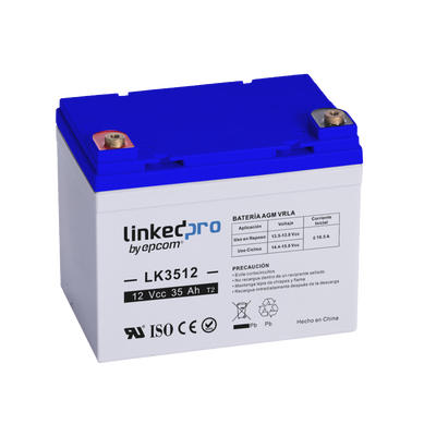 Batería 12 V / 35 Ah / UL / Tecnología AGM / Vida útil promedio de 5 años / Para uso en equipo electrónico, Alarmas de Intrusión / Incendio / Control de acceso / Video Vigilancia / Terminales T1