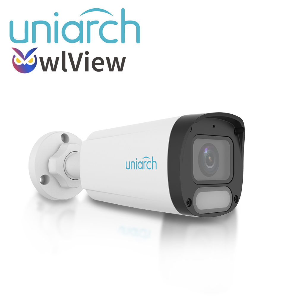 CAMARA IP BULLET OWLVIEW UNIARCH IPC-B244-ADF28K-WP / 4MP / LENTE 2.8MM / WDR120DB / LUZ-BLANCA+LUZ-CALIDA30M / MICROSD512GB / MICROFONO-INTEGRADO / ULTRA-MOTION-DETECTION / POE-AF / ONVIF / 3-AXIS / IP67 / METAL+PLASTICO / ULTRA265 / NDAA / SERIE HALO