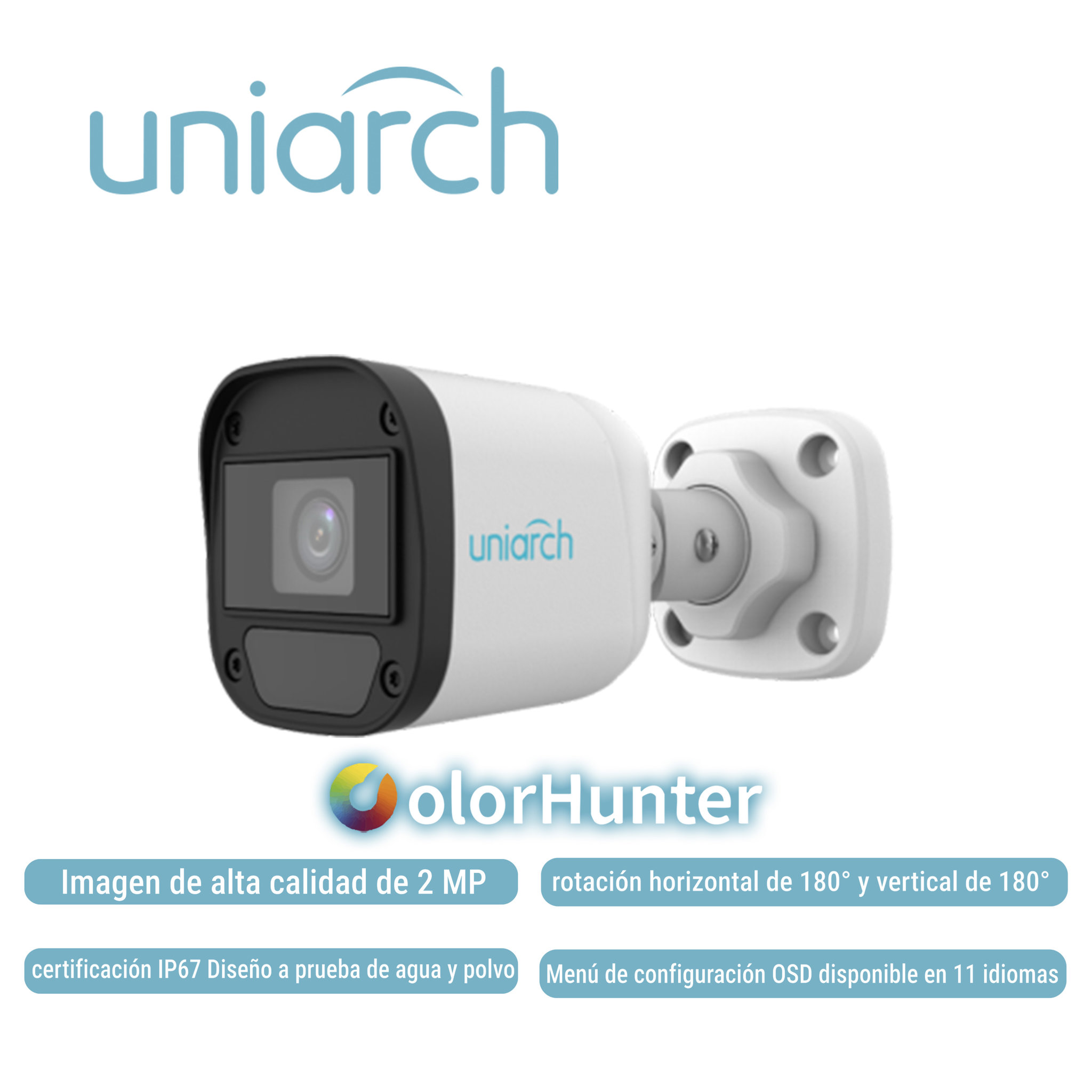 CAMARA ANALOGA BULLET COLORHUNTER UNIARCH UAC-B112-F28-W-X-H / 2MP / TVI/AHD/CVI: 1080P@30fps / LENTE-2.8MM / WDR / IR20M / INTERIOR+EXTERIOR / LUZ BLANCA / ADMITE-GIRO180GRADOS(HORIZONTAL+VERTICAL) / PLASTICA-GRAFENO / IP67 / 12 VCD/