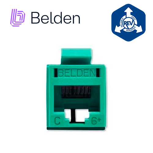 CONECTOR MODULAR JACK RJ45 CAT6 REVCONNECT BELDEN RV6MJKUGN-S1 ESTILO KEYCONNECT VERDE COMPATIBLE CON FACEPLATE AX102660,AX102655,AX102249 ESQUEMA DE CABLEADO T568A/B HERRAMIENTA COMPATIBLE RVUTT01 USO INTERIOR CALIBRE DEL CONDUCTOR 23-24 AWG