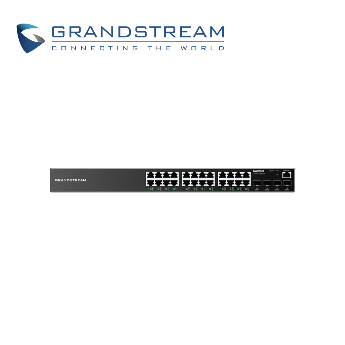 SWITCH ADMINISTRABLE POE+ GRANDSTREAM GWN7803P / 24 PUERTOS 10/100/1,000 MBPS / 24 PUERTOS POE+ AF/AT / 4 PUERTOS SFP 1,000MBPS / QOS / VLAN / ARP / TACACS+ / FILTRADO MAC / ADMISTRACION GWN CLOUD