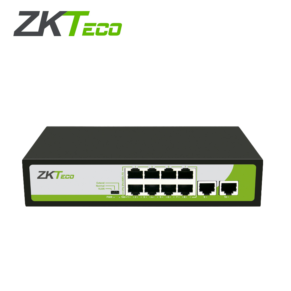 SWITCH ZKTECO PE082-120-C 8 PUERTOS RJ45 10/100 MBPS CON POE AF/AT + 2 PUERTO RJ45 100 MBPS NO ADMINISTRABLE ENERGIA TOTAL 150W COMPATIBLE CON CUALQUIER CAMARA IP POE SOPORTA HASTA 250 METROS DE DISTANCIA SOBRE UTP CAT6