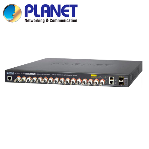 SWITCH POC ADMINISTRABLE / PLANET LRP-1622CS / 2 PUERTOS RJ45 10/100 MBPS / 2 FIBRA ÓPTICA SFP 100/1000 MBPS / 16 CANALES BNC HEMBRA / 440W DE CONSUMO / RECINTO DE METAL