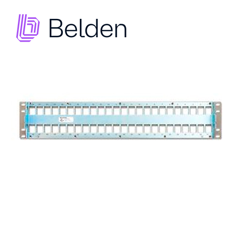 PATCH PANEL MODULAR BLINDADO CAT6A CAT6 CAT5E BELDEN AX104564 48 PUERTOS RJ45 (VACÍO) ESTILO KEYCONNECT TITANIUM 2 UNIDADES DE RACK USO INTERIOR INCLUYE TORNILLOS CORREA VELCRO BARRA DE CONEXIÓN CABLE TRASERO GUIA DE INSTALACION KIT CABLE DE TIERRA