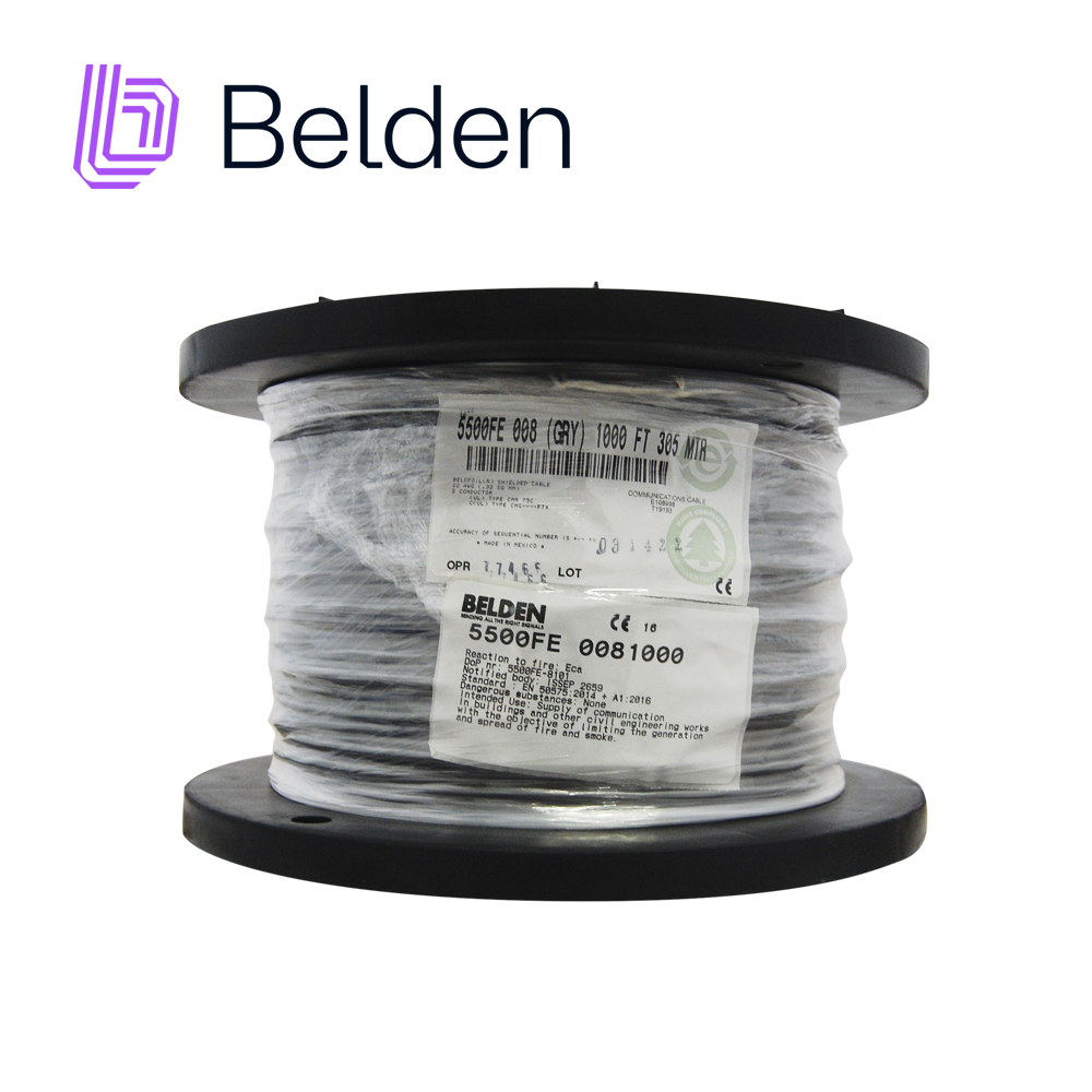 CABLE DE SEGURIDAD Y SONIDO BELDEN 5500FE 0081000 / INTERIOR / GRIS / 2 CONDUCTORES / 22 AWG / MULTIFILAR / FORRO PVC / CMR / BLINDADO / BOBINA / 1,000 PIES 305 METROS