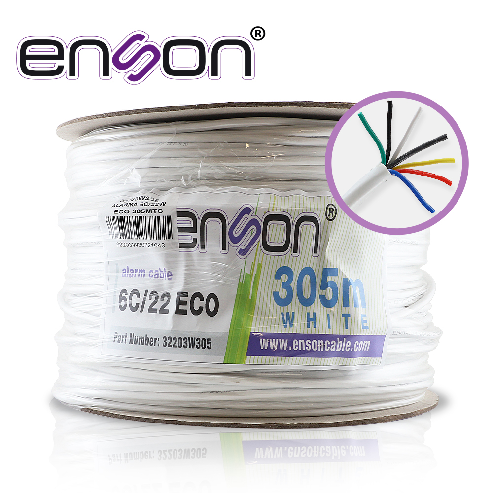 CABLE DE ALARMA ENSON 32203W305 SERIE ECO MULTIFILAR  6C/22 AWG BOBINA DE 305 METROS FORRO PVC COLOR BLANCO PARA USO INTERIOR DISEÑADO PARA CONEXIONES DE SISTEMAS DE ALARMA