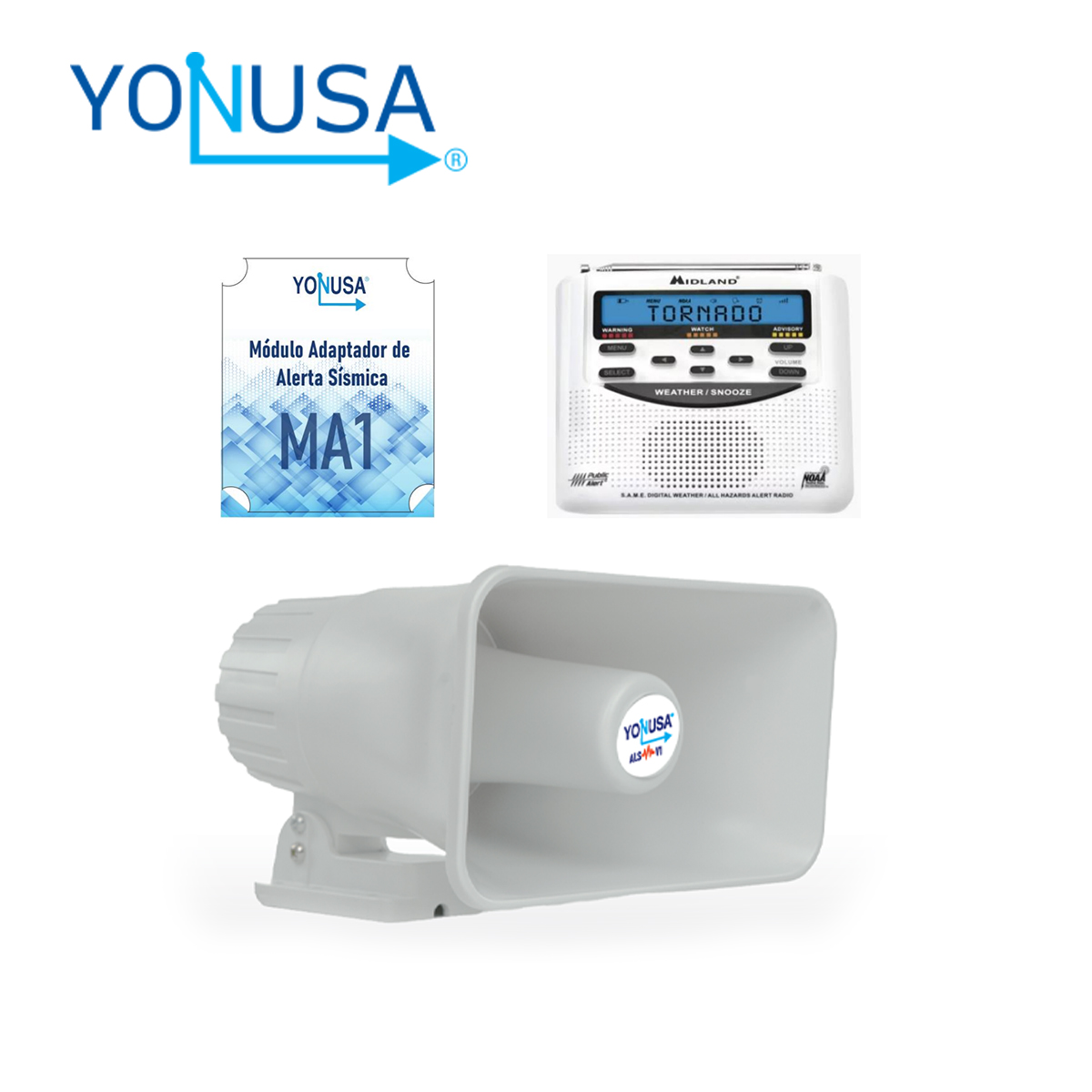 KIT ALERTA SÍSMICA YONUSA. CONTIENE EL AUDIO OFICIAL DE ALERTA SÍSMICA MEXICANO PARA EMISIÓN DE ALERTAS TEMPRANAS. RESPALDO DE BATERÍA, 120 DB DE SALIDA SONORA. COMPATIBLE CON CUALQUIER RADIO METEOROLÓGICO, WIFI SÍSMICO YONUSA Y MULTIPUNTO YONUSA.